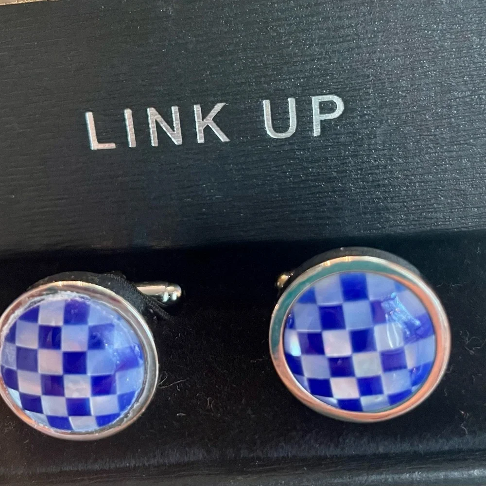 LINK UP cuff links silver tone - mother of pearl look & royal blue check pattern